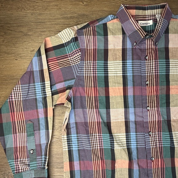 Damon Men's Multicolor Pastel Plaid Collared Button Down Long Sleeve Shirt, XL - Picture 3 of 8